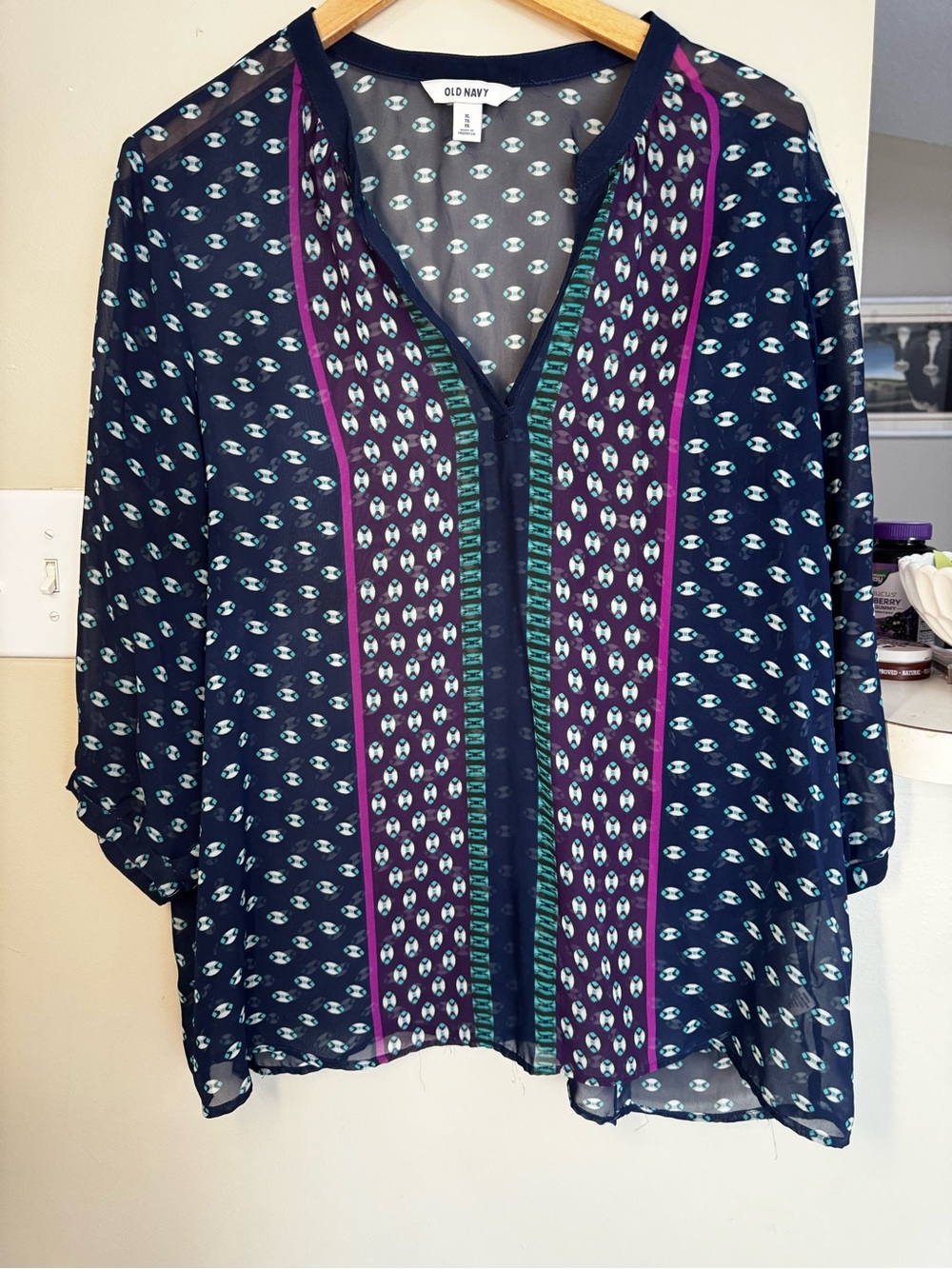Old Navy Women's XL Navy Geometric Chiffon V-Neck 3/4 Sleeve Sheer Ruffle Blouse